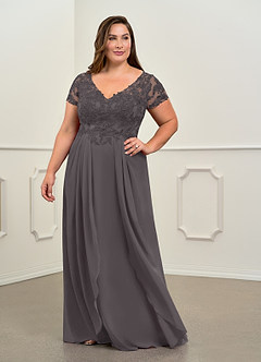 Azazie Dunja vestidos de madre de la novia Vestido de Gris Acero de Gasa de Corte En A con Encaje cuello pico image9