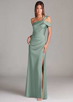 Azazie Wynter Vestidos de damas de honor Vestido de Salvia Plateada de Satén Elástico de Corte Recto con Hombro unilateral image1