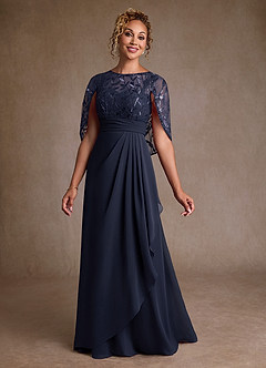 Azazie Beckley vestidos de madre de la novia Vestido de Azul Marino Oscuro de Gasa de Corte en A con Encaje image3