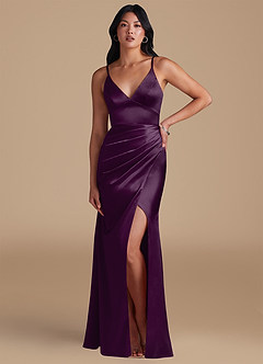Azazie Shania Bridesmaid Dresses Plum Sheath Pleated Metallic Satin Dress image5