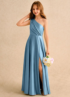 Azazie Puddles Girls Formal Flower Girl Dresses Steel Blue A-Line One Shoulder Stretch Satin Dress image3