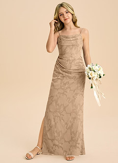 Azazie Mai Junior Etui Plissee Blumen-Burnout Kleid Champagner image3