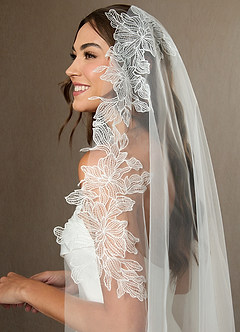 front Embroidered Floral Lace Hem Chapel Length Draped Blusher Veil