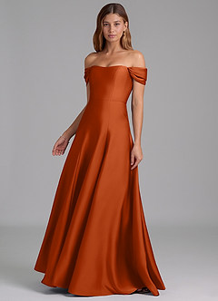 Azazie Seriana Robes de demoiselle d'honneur Robe Trapèze Convertible en Satin extensible Épaule décolletée Orange Brûlée image3