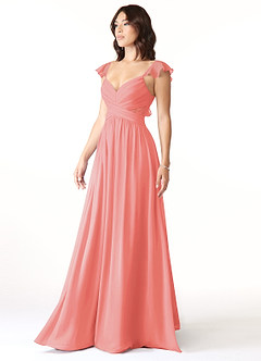 Azazie Lissa Bridesmaid Dresses Coral A-Line Lace Chiffon Dress image4