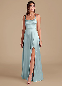 Azazie Halsey Bridesmaid Dresses Mist A-Line Side Slit Metallic Satin Dress image3