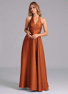 Azazie Tessie Bridesmaid Dresses Cinnamon A-Line Pleated Stretch Satin Dress image1