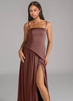 Azazie Adeline Bridesmaid Dresses Espresso A-Line Strapless Stretch Satin Convertible Dress image2