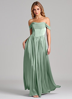 Azazie Raisa Robes de demoiselle d'honneur Robe Trapèze en Satin extensible Épaule décolletée Agave image3