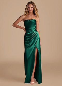 Azazie Leonis Bridesmaid Dresses Emerald Mermaid Pleated Metallic Satin Convertible Dress image1