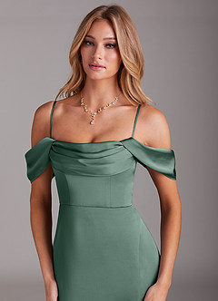 Azazie Saige Bridesmaid Dresses Eucalyptus Sheath Off the Shoulder Stretch Satin Dress image2