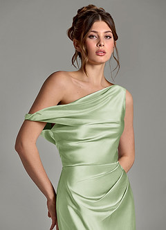 Azazie Emerson Vestidos de damas de honor Vestido Salvia Polvorienta de Satén Metálico de Corte Sirena con Hombros descubiertos image13