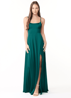Azazie Halsey Final Sale Peacock A-Line Side Slit Stretch Satin Dress image1
