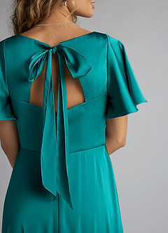 Azazie Kimber Bridesmaid Dresses Teal A-Line Ruched Stretch Satin Dress image5