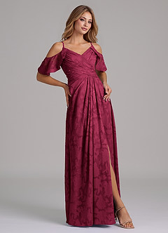Azazie Dakota Bridesmaid Dresses Burgundy A-Line Off the Shoulder Floral Burnout Dress image5