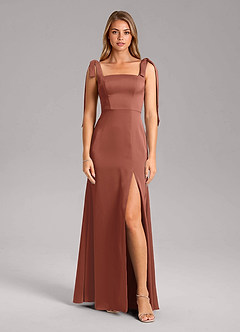 Azazie Frostine Bridesmaid Dresses Auburn A-Line Bow Stretch Satin Dress image5