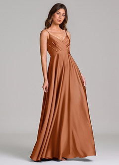 Azazie Amani Bridesmaid Dresses Copper A-Line Pleated Stretch Satin Dress image1