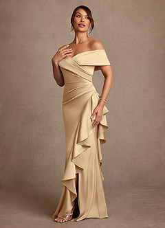 Azazie Kirsty Mother of the Bride Dresses Champagne Sheath Off the Shoulder Stretch Satin Dress image3