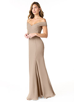Azazie Lecia Bridesmaid Dresses Taupe Empire Off-The-Shoulder Pleated Chiffon Convertible Dress image3