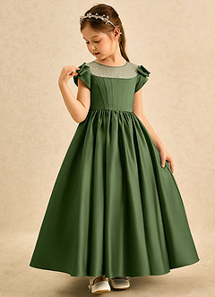 Azazie Toffee Abiti da Ragazza di Fiori Abito Stile Principessa in Raso Opaco Fiocco Oliva image4