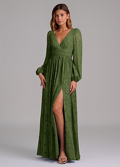 Azazie Norah Final Sale Olive A-Line Long Sleeve Floral Burnout Dress image5