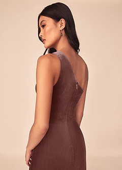 Azazie Argan Bridesmaid Dresses Espresso A-Line One Shoulder Pleated Velvet Dress image7
