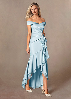 Azazie Billings Mère de la mariée Robes Robe Sirène en Satin extensible Épaule décolletée Bleu Ciel image6