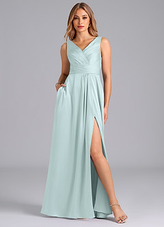 Azazie Karina Robes de demoiselle d'honneur Robe Trapèze en Satin extensible Plissée Verre De Mer image1