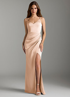 Azazie Leo Bridesmaid Dresses Blushing Pink Sheath Pleated Stretch Satin Dress image1