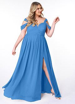 Azazie Lianne Robes de demoiselle d'honneur Robe Trapèze en Mousseline de soie Épaule décolletée Geai Bleu image10