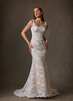 Azazie Amara Wedding Dresses Diamond White Nude Mermaid Square Neckline Lace Dress image1