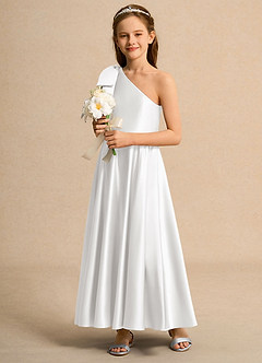 Azazie Guppy Girls Formal Flower Girl Dresses White A-Line One Shoulder Matte Satin Dress image5