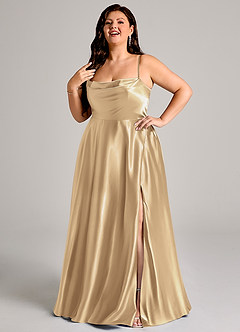 Azazie Elle Brautjungfernkleider A-Linie mit Taschen Metallischer Satin Kleid Champagner image3