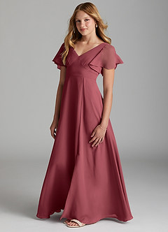 Azazie Kimber Junior Abito A-Line in Chiffon Plissettato Merlot image5