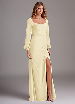 Azazie Charissa Bridesmaid Dresses Lemon Sorbet Sheath Long Sleeve Chiffon Dress image5