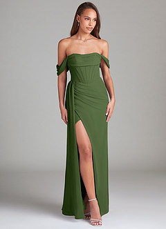 Azazie Amyra Bridesmaid Dresses Olive Sheath Off the Shoulder Chiffon Convertible Dress image3