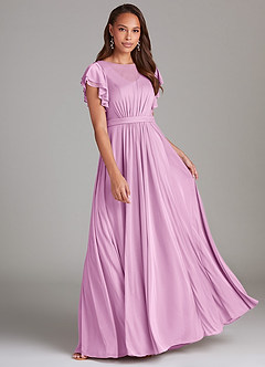 Azazie Daphne Modest Bridesmaid Dresses A-Line Ruched Mesh Floor-Length Dress image1