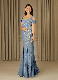 Azazie Claribel Mother of the Bride Dresses Dusty Blue Mermaid Off the Shoulder Lace Dress image3