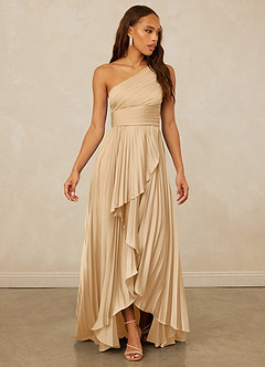Christian Siriano Bridal for Azazie 1008 Bridesmaid Dresses Gold A-Line One Shoulder Stretch Satin Dress image3