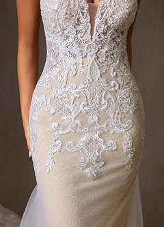 Azazie Selene Final Sale Diamond White Champagne Mermaid V-Neck Lace Dress image3