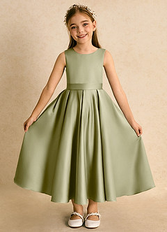 Azazie Junebuj Flower Girl Dresses Moss Green Ball-Gown Pleated Matte Satin Dress image4
