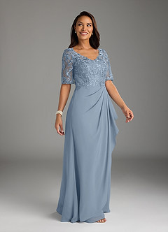 Azazie Amedeus Mother of the Bride Dresses Dusty Blue A-Line V-Neck Lace Chiffon Dress image3