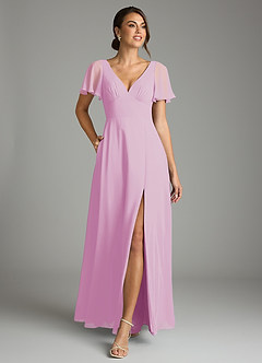 Azazie Kimber Vestidos de damas de honor Vestido de Rosa Caramelo de Gasa de Corte en A con Manga volante image4