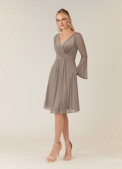 Azazie Teraso Mother of the Bride Dresses Taupe A-Line Pleated Mesh Dress image3