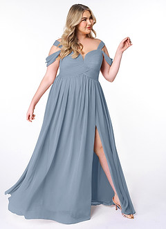 Azazie Lianne Bridesmaid Dresses Dusty Blue A-Line Off the Shoulder Chiffon Dress image10