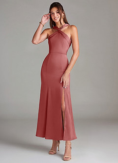 Azazie Rue 신부 들러리 드레스 인어 주름진 스트레치 새틴 발목 길이 드레스 image1