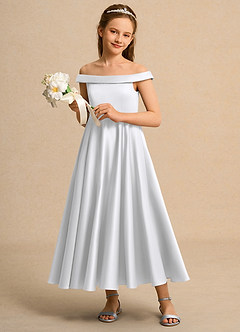 Azazie Teeny Junior Formal vestidos de niña de las flores Vestido de Blanco de Satin Mate de Corte En A con Plisado image4