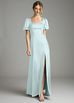 Azazie Fyona Bridesmaid Dresses Sea Glass A-Line Pleated Stretch Satin Dress image1