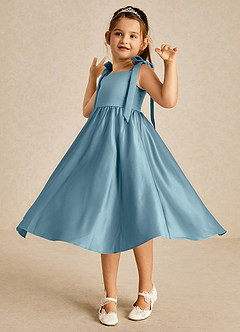 Azazie Chelsie vestidos de niña de las flores Vestido de Azul Malhumorado de Satin Mate de Corte En A con Lazo image3
