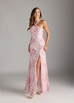 Azazie Rue Bridesmaid Dresses Abstract Watercolor Floral A-Line Halter Chiffon Dress image4